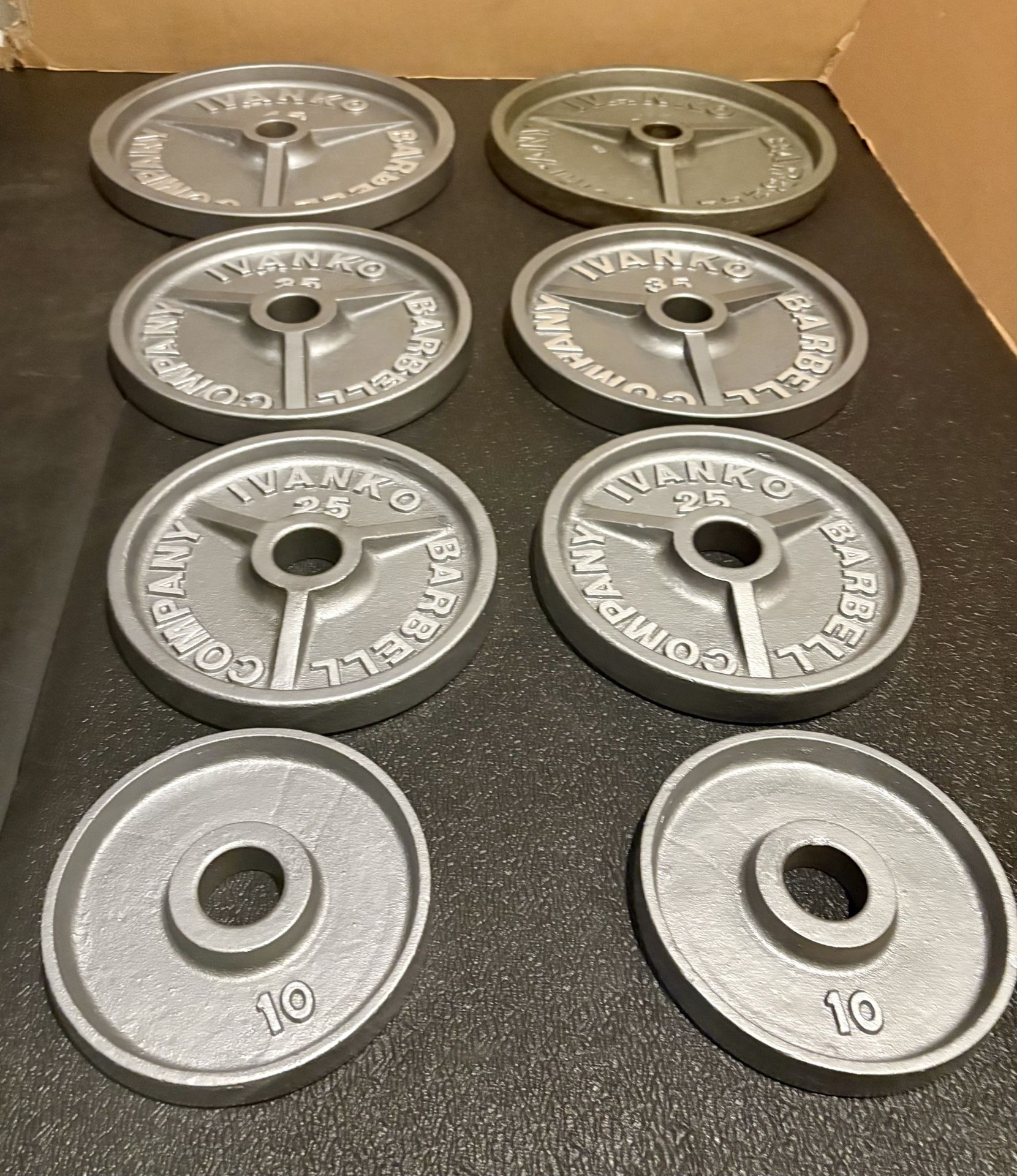 Set of Olympic Vintage IVANKO Weight Plates: Pairs of 45s, 35s, 25s and 10s. Reconditioned Total: 230 #