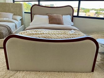 New Upholstered Queen Bed Frame with Wood Trim.
