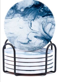 Blue Coasters for Drinks Marble Style,Absorbent Ceramic Coaster with Metal Holder Stand,House Warming Gifts Decor Set of 6 with Cork Base for Wooden T