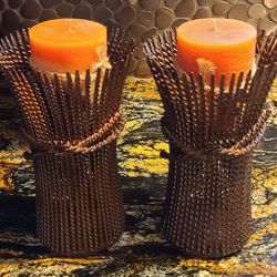 Beautiful Set Of Harvest Candle Holders w/Candles