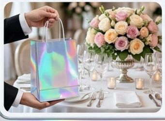 12 Pcs Reusable Paper Gift Bags with Handle, Iridescent Gift Bag Glossy Holographic Goodie Bag