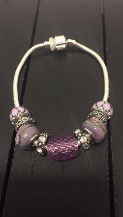 8” 925 Silver Plated Charm Bracelet with Various Purple Charm Beads