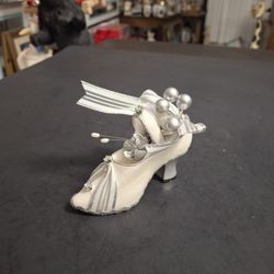 Collectible Miniature High Heel Shoe In Silver & White With Ribbon & Faux Pearls