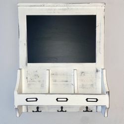 Vintage Wall-Mounted Mail Organizer with Chalkboard and Key Hooks