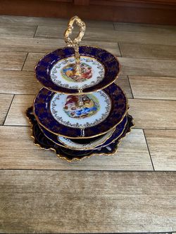 3-Tier Porcelain Cake Stand Cobalt Blue Gold, serving plates