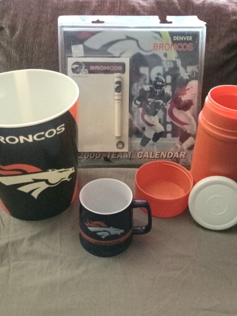 Broncos Stuff Trash Can Mug Thermos & 2000 Year calendar