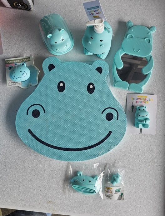 Kids Hippo Soap Dish/Soap Dispenser/Toothbrush holder/Mirror/Toothbrush Cover/Tube Squeezer and Topper (Brand New)
