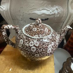 Antique Brown Floral English Calico Teapot 