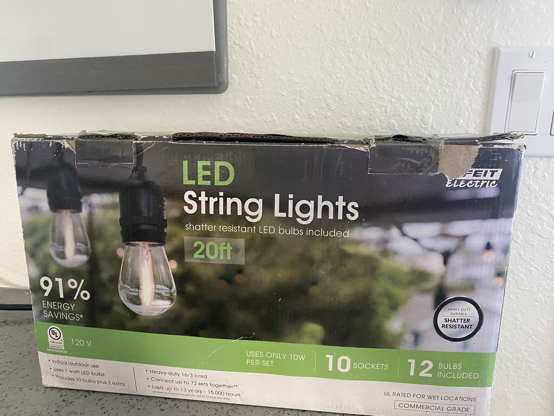 Feit 20’ Electric LED Edison Light String Clear Lights for Patio