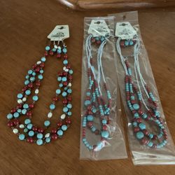 NEW TURQUOISE NECKLACE  WITH EARRINGS.  8”L  THE FIRST AND 9”L THE 2 ON THE RIGHT SIDE. 