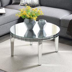 MIREO Coffee Table Mirrored with Crystal Inlay Surface, Round Silver Accent Table, Modern Design Luxury Contemporary Furniture, Partially Assembled fo