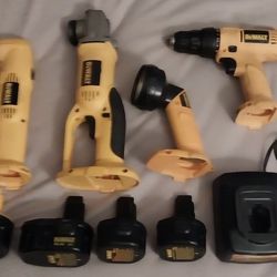 Pre-Owned Dewalt Power Tools Lot Batteries Charger Angle Drill Light 9.6-14.4V
