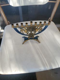 Vtg Brass Menorah Judaica Israel Hanukkah w Reindeer Deer Design enamel