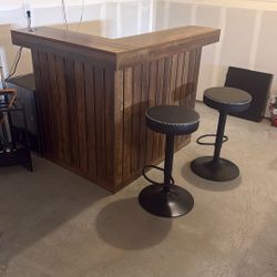 Wooden Bar With Two Barstools