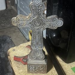 Green Metal Cross with Weighted Base