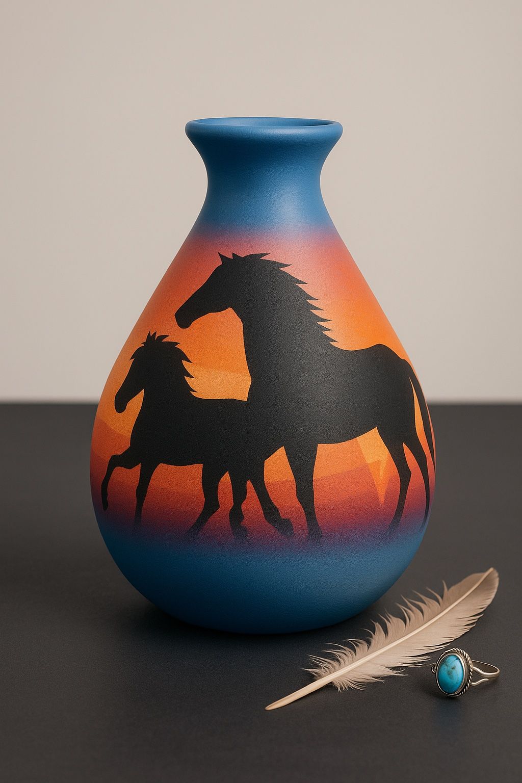 Hozoni Pottery USA 1990s Native American Sunset Horses Vase, Signed, 8”