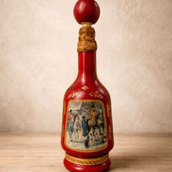Vintage Decanter Bottle Fox Hunt Scene Ball Stopper Red Gold Bar Decor
