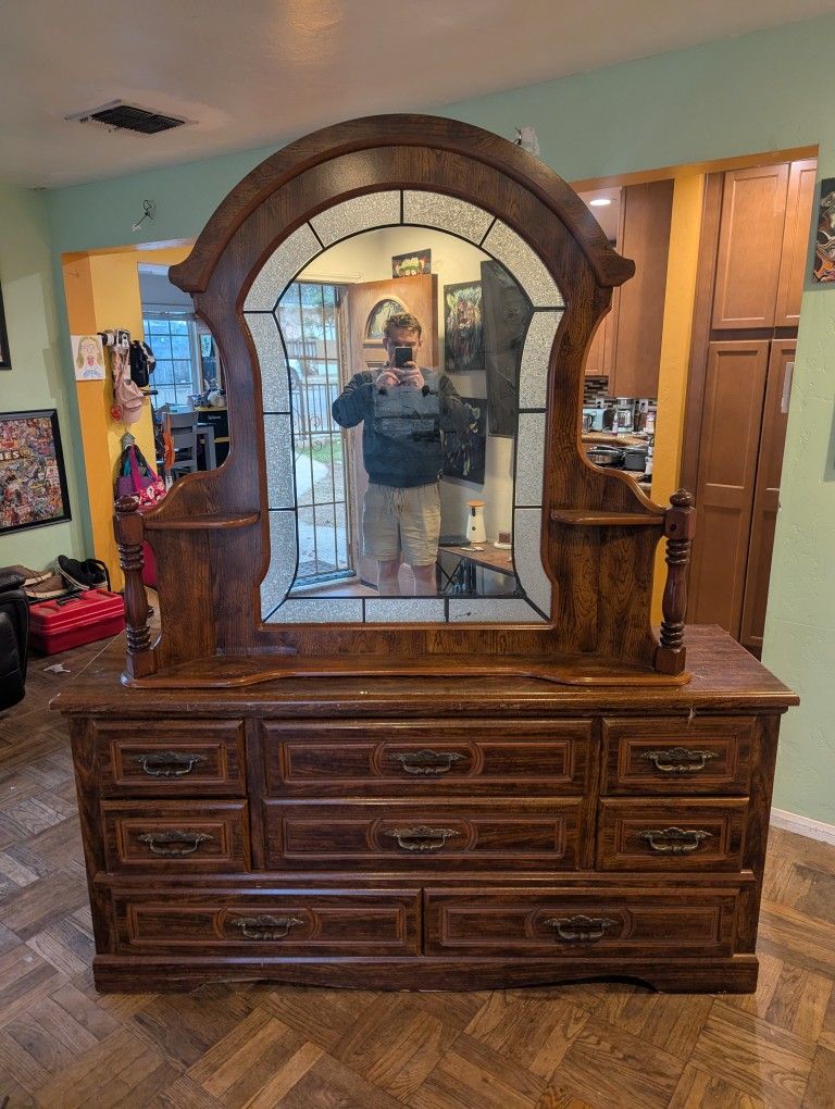 Antique Wood Dresser And Framed Mirror (Solid As Set)