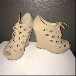 Women’s Taupe Nude Platform Wedge Lace Up Heels