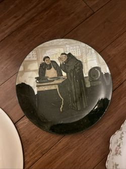 Display plate 1920's Royal Doulton transferware, features two monks at a table