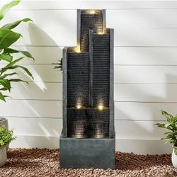 FF2035 50.7-Inch Tall Outdoor Water Fountain with LED Lights and Pump, Modern Resin Floor Standing Cascading Waterfall Fountain for Garden Patio Backy