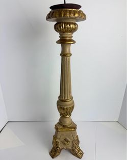 Vintage Baroque Wood Metal Candle Holder White Gold Tall Tripod Decor Stand