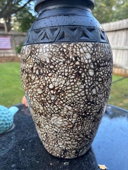 Large Boho Raku-Style Crackle Glaze Ceramic Vase – Tribal Geometric Collar