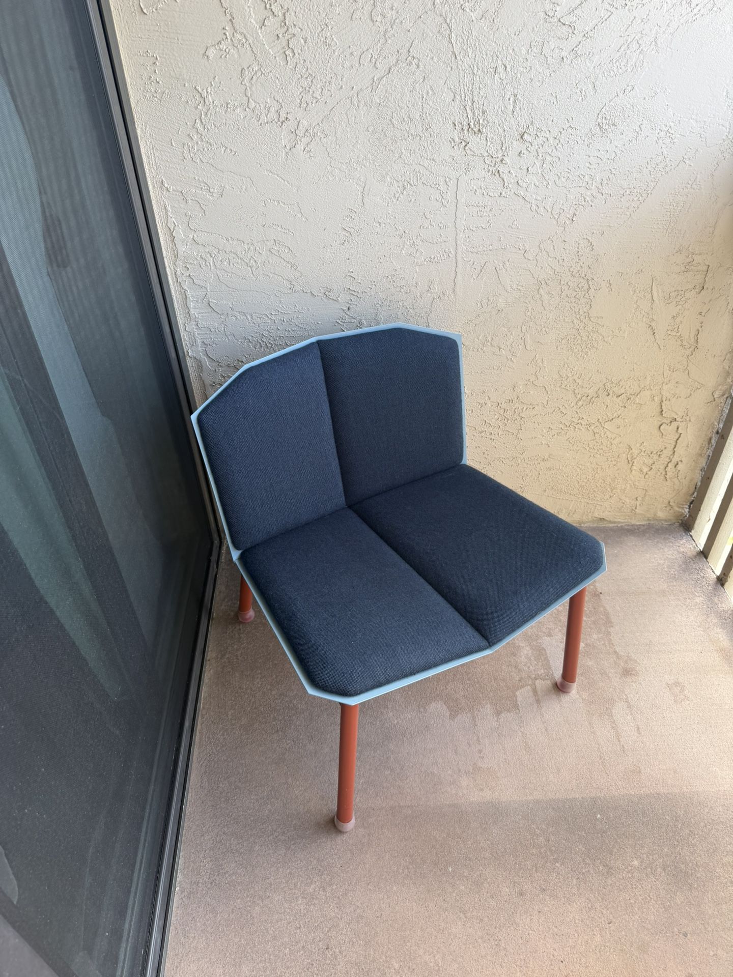 Heavyweight Designer Lounge Chair – Navy Blue Seat, Red-Orange Legs