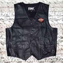 Black FMC Leather Vest for Men With Harley Davidson & American Flag Patches
