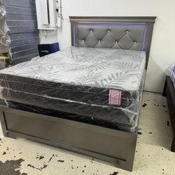 Queen Size Bed LED W/ Mattress One Pillow Top