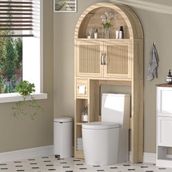 0973e  Over The Toilet Storage Cabinet, Freestanding Bathroom Organizer with Adjustable Shelf and Anti-Tip Device, Arched Cabinet with Doors, Space-Sa