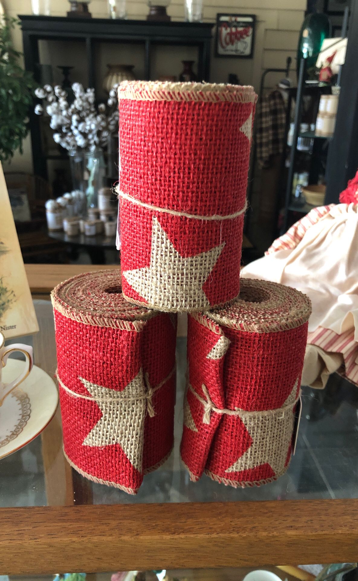 Red burlap ribbon with stars