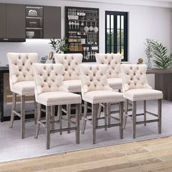 Bar Stools Set of 6, Velvet Upholstered Bar Stool for Kitchen Island, Counter Stools with Nailhead Trim, Beige