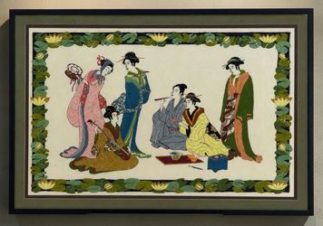 ⭕️ Vintage Japanese Woven Wool Tapestry Geisha Scene Framed Wall Art 42 x 29