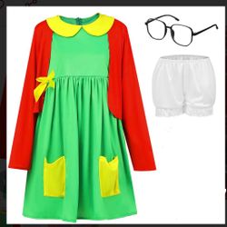 Women's Halloween Costume Outfits Green Dress Red Knit Cardigan Shorts Glasses for Cosplay(L)