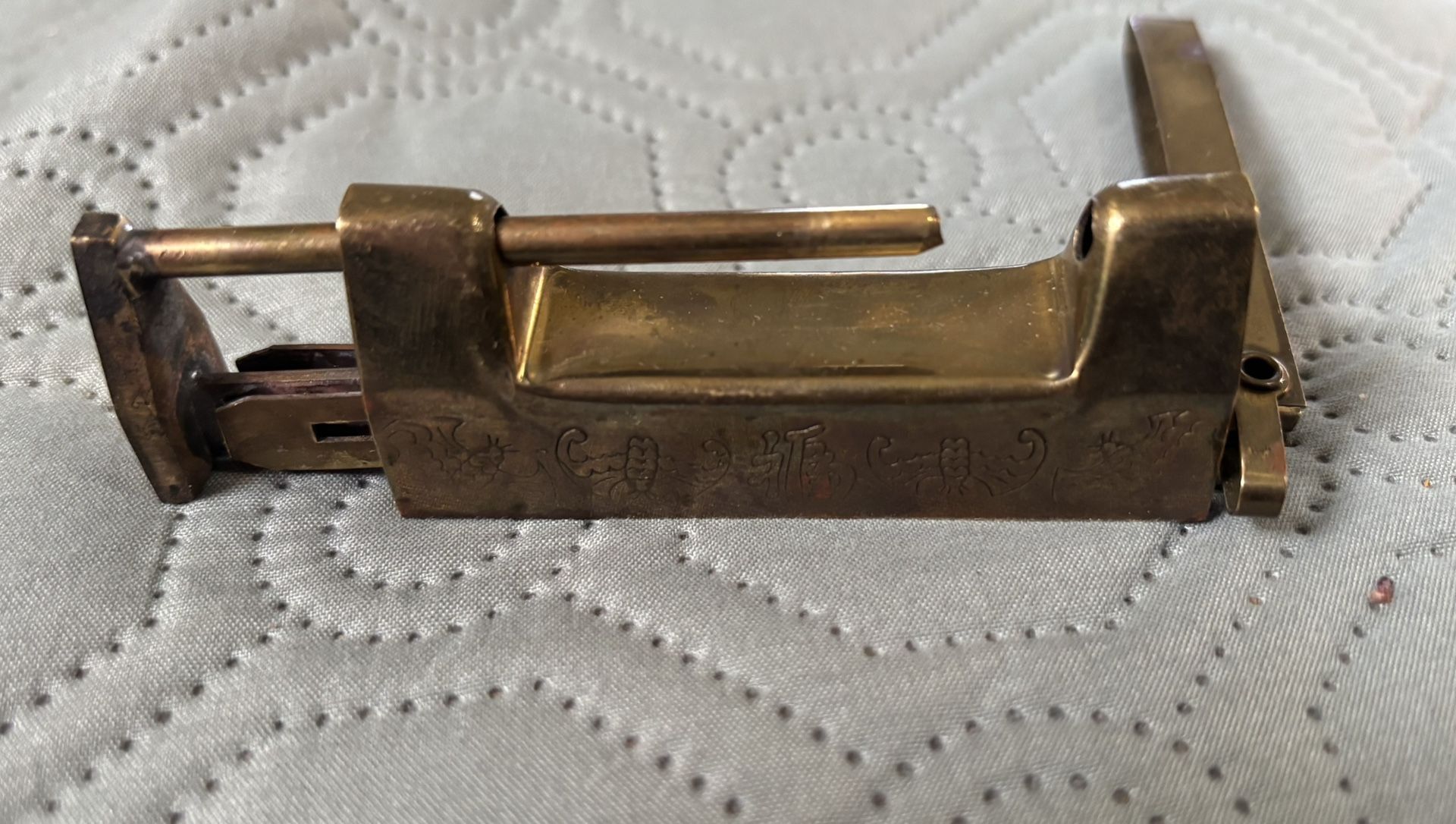 Antique - Chinese Vintage Engraved Brass Padlock with Key