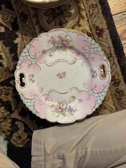 Pink and Blue Flower Porcelain Plate / Platter Gold-Tone Edge 11”