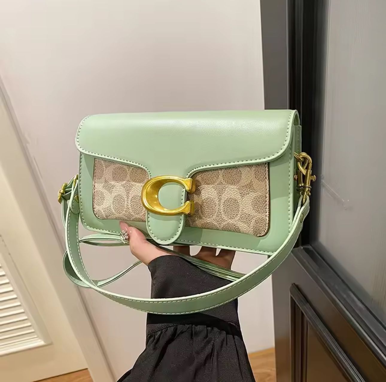 Cute Summer Crossbody Bag Mint Light Green With Beige Design Casual Vacation Girl Woman Trendy Turquoise Olive Classy Elegant Daily