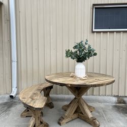 Custom Round  Dining Table  Modern Rustic Set Bench Restoration Hardware Breakfast Nook Table Solid Wood Custom Handcrafted Counter Bar 