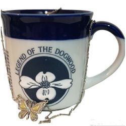 Valentines gift legend of dogwood mug with  vintage butterfly necklace 