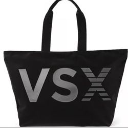 VSX LOGO TOTE BAG by VICTORIAS SECRET SPORT NEW W TAGS  25"L 14"H 5"W inside pocket zip shut top polyurethane coating 100% polyester slinky shiny feel