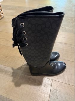 COACH Tristee Signature Black Logo Canvas Lace Up Corset Rain Boots