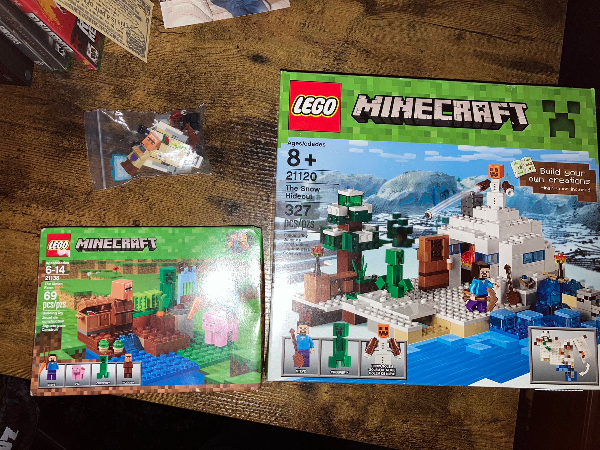 LEGO Minecraft 21120 The Snow Hideout and 21138 The Melon Farm