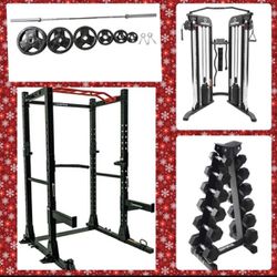 Complete Home Gym- Power Cage+ Barbell+ 255lbs + Dumbbells+ Cable Machine+ Bench