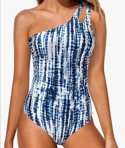 One-Shoulder Navy Tie-Dye Ruched One-Piece Swimsuit
