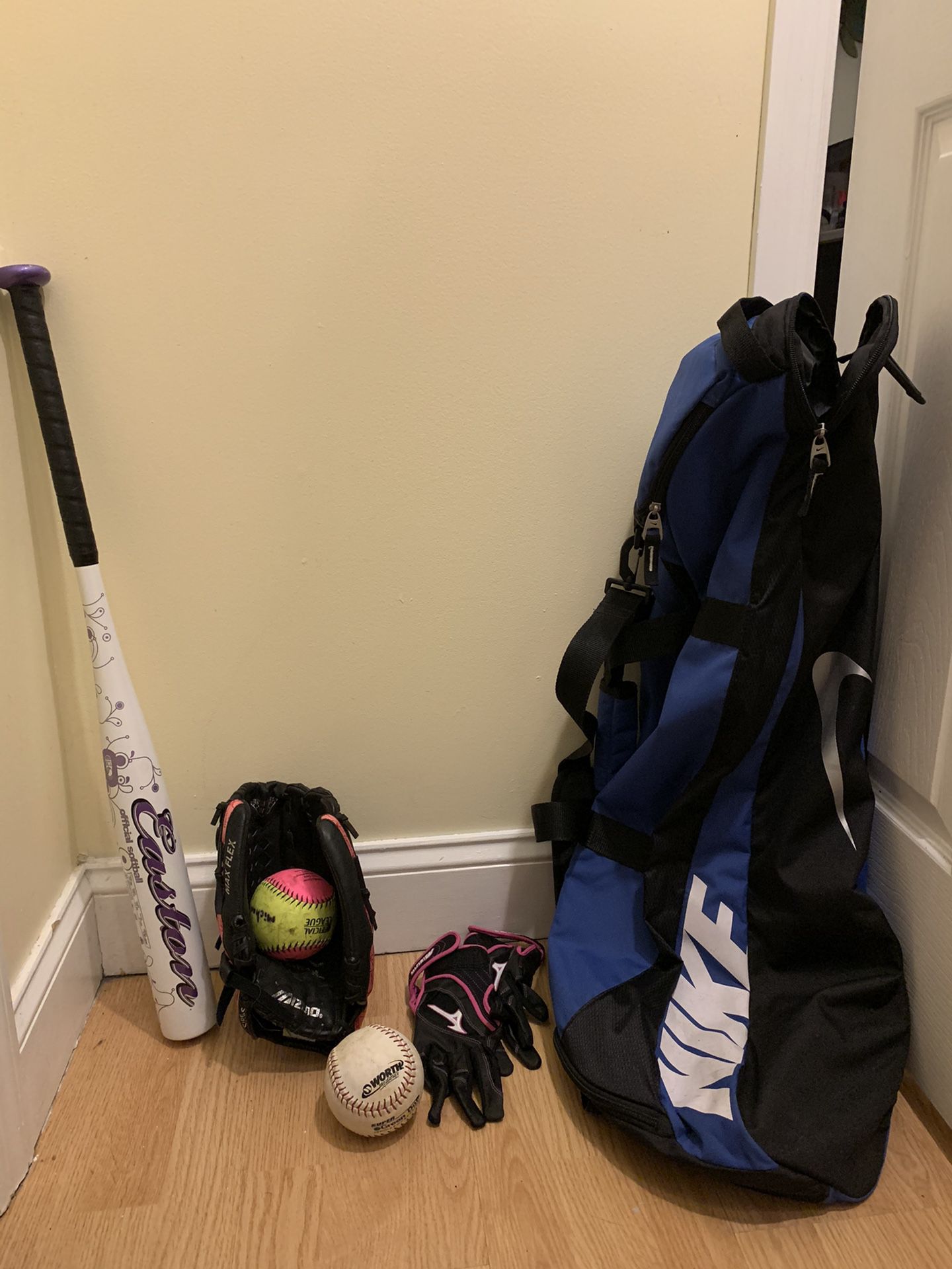 Fast pitch Softball bat, gloves, Nike bag, & more