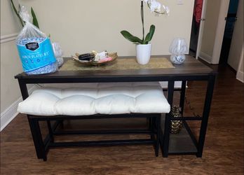 Dining table with benches and cushions