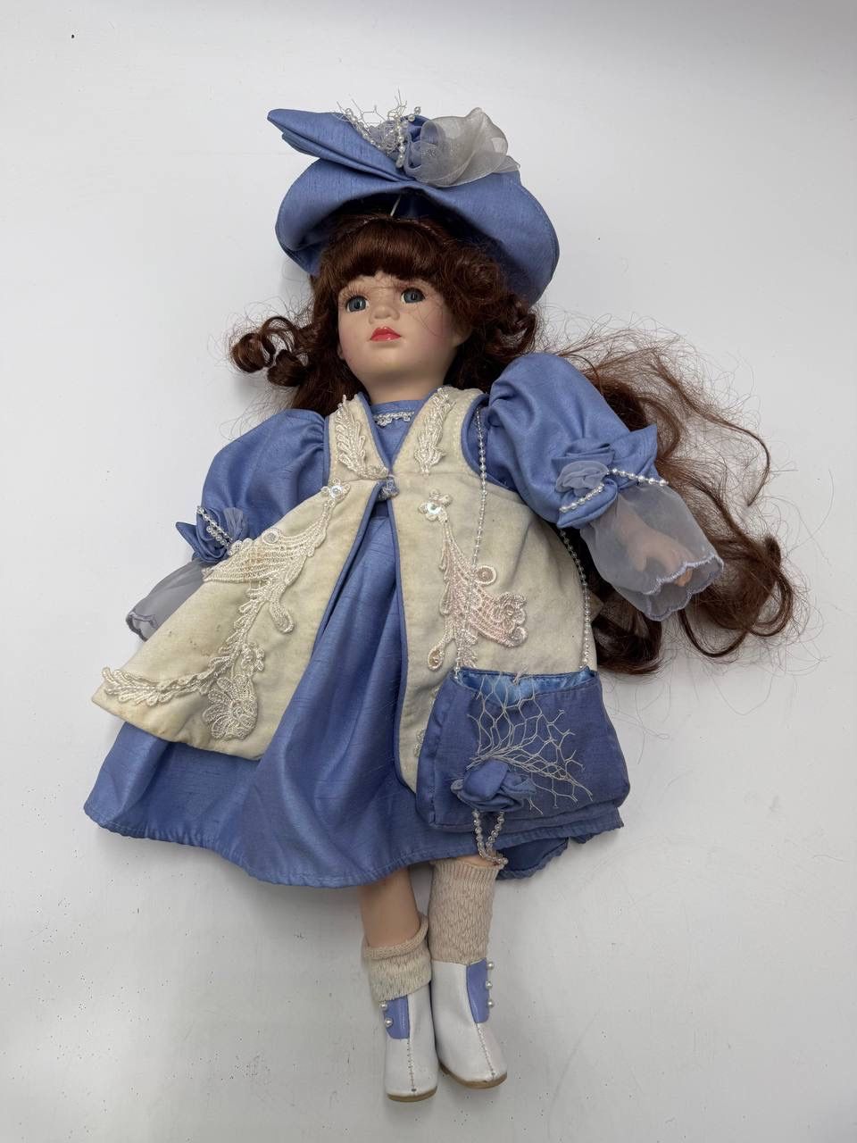 Vintage Porcelain Doll Blue Dress Hat Curly Red Hair Victorian Style ~ 16”