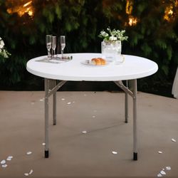 White 4 Ft 48inch Round Plastic Folding Table Commercial Portable Indoor Outdoor Accessory for Patio Backyard Dining Wedding Party Events Home Kitchen