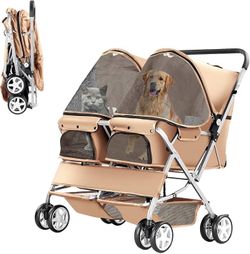 Double Pet Stroller for 2 Dogs & Cats, Side-by-Side, Beige Foldable Two-Seater with Separate Cabins, 44 lb Capacity, Dual Baskets and Safety Tethers f